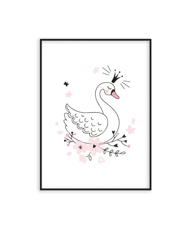 Poster cygne blanc sur fond rose, chambre enfant