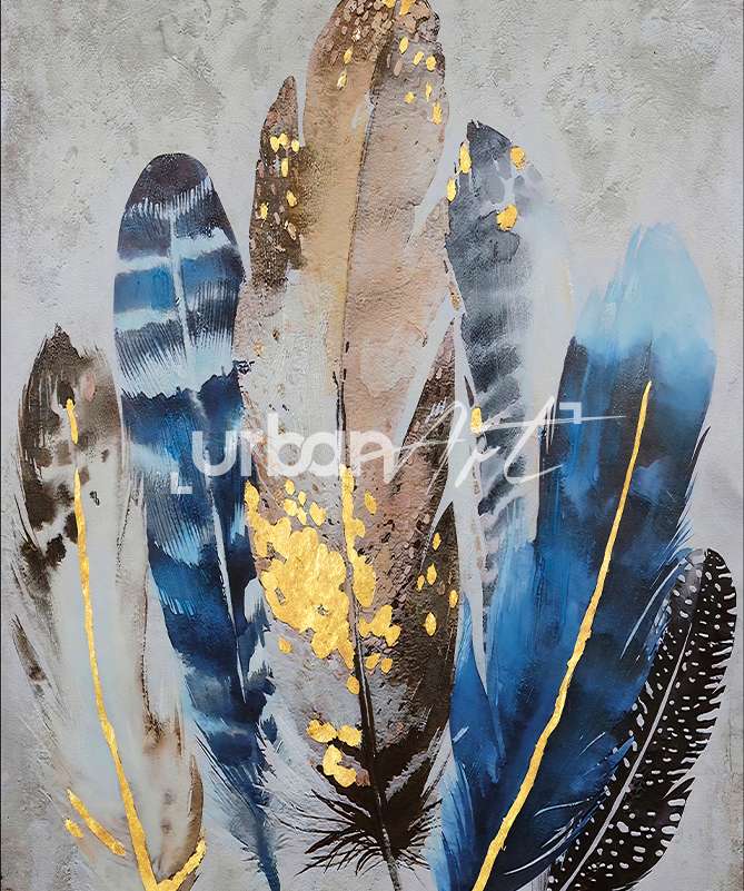 Tableau décoratif aquarelle et plumes bleu