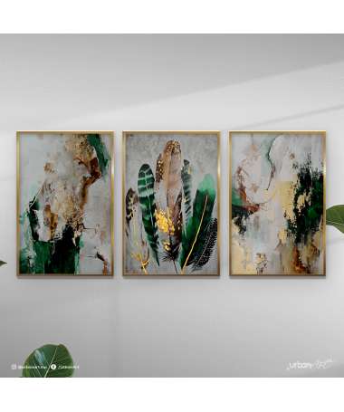 Tableau décoratif - aquarelle et plumes vert