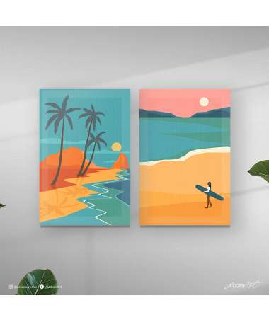 Tableau décoratif - Soleil, lune, mer, montagnes, océan, et palmiers