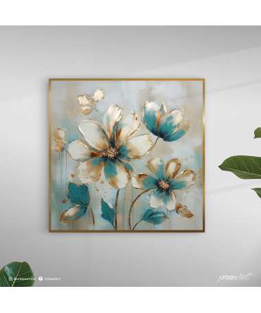 Tableau abstrait fleurs sarcelle