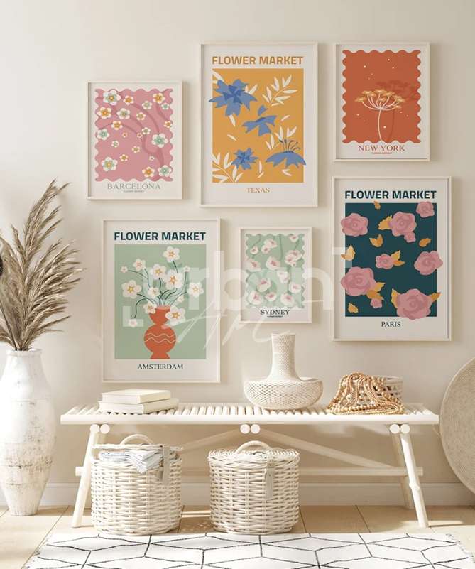Set Poster Retro Flower Market