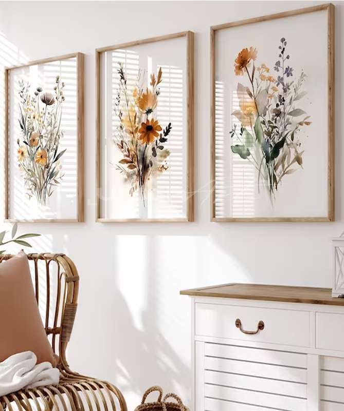 Set Poster Neutral Watercolor Wildflower
