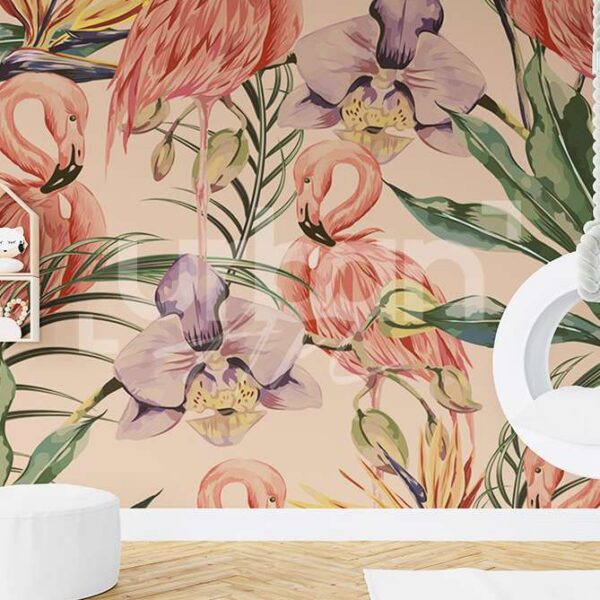Papier peint tropicales flamants