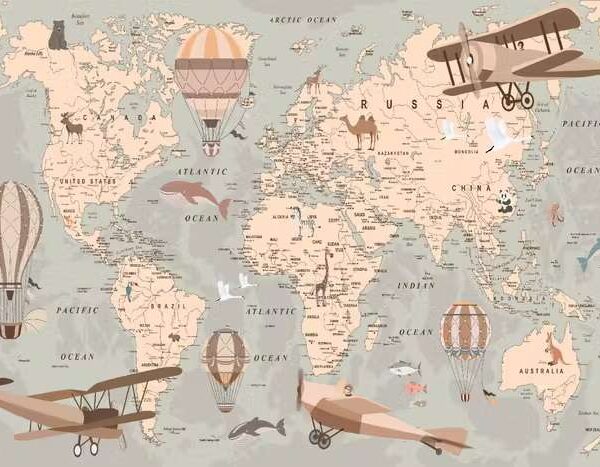 Papier Peint Carte Monde Avions Animaux