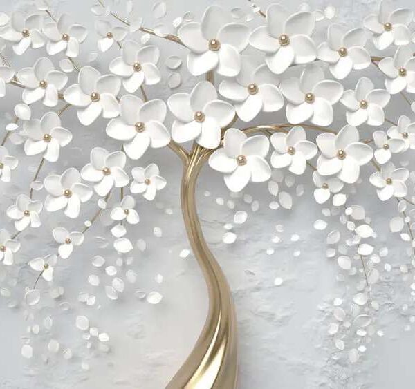 Papier peint Arbre avec des fleurs et des feuilles blanches