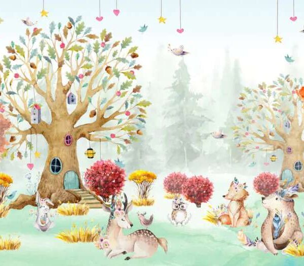 Papier Peint  l'aquarelle représentant des animaux en forêt