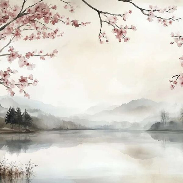 Papier peint Aquarelle d’un lac avec arbres