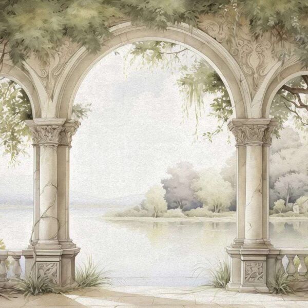 Papier peint arche en pierre avec des arbres