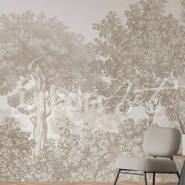 Papier peint paysage forêt gravure beige