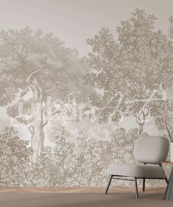 Papier peint paysage forêt gravure beige