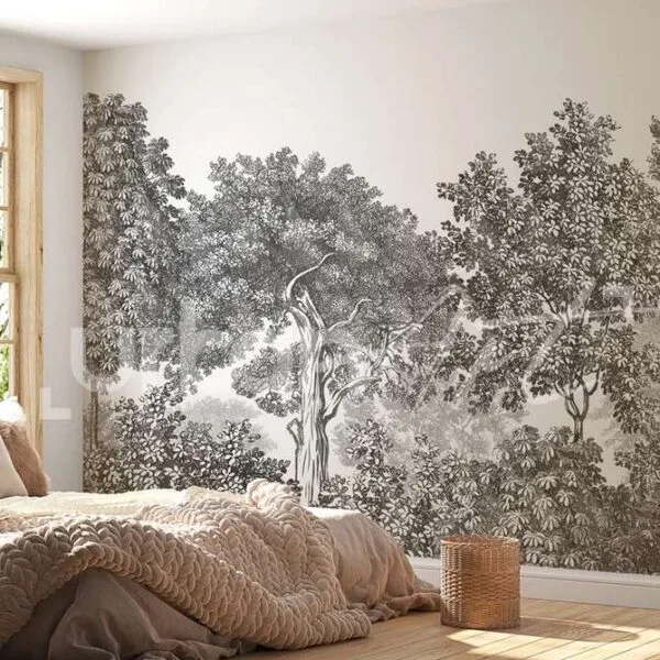 Papier peint paysage forêt gravure noir et blanc