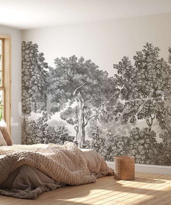 Papier peint paysage forêt gravure noir et blanc