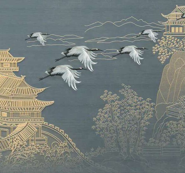Papier peint Peinture d’un paysage avec des grues volant