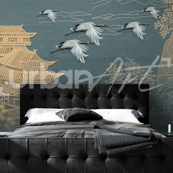 Papier peint Peinture d’un paysage avec des grues volant