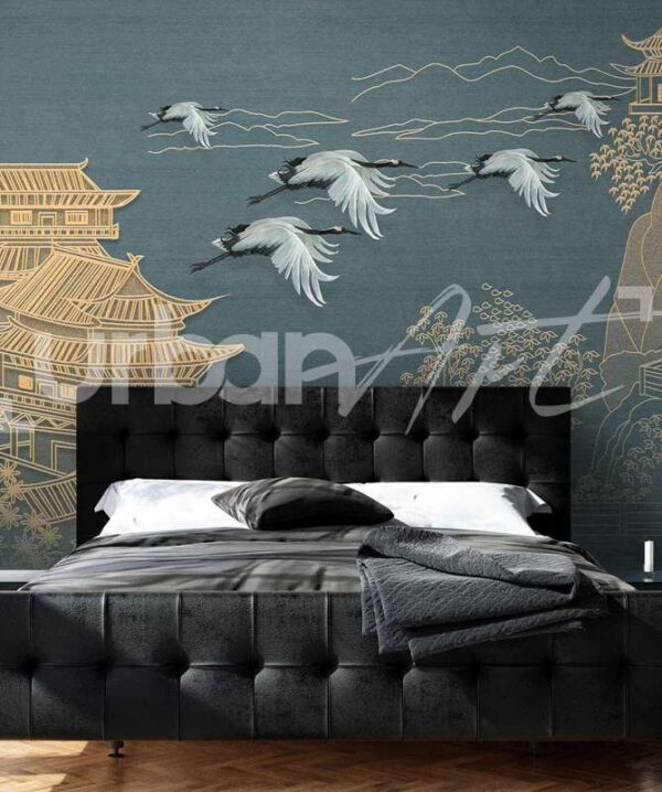 Papier peint Peinture d’un paysage avec des grues volant