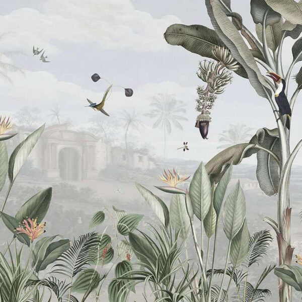 Papier Peint Tropical Oiseaux et Végétation