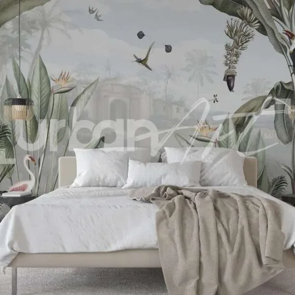 Papier Peint Tropical Oiseaux et Végétation