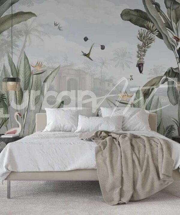 Papier Peint Tropical Oiseaux et Végétation