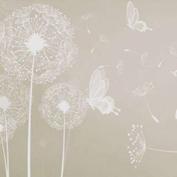 Papier peint Un pissenlit blanc avec des papillons qui volent