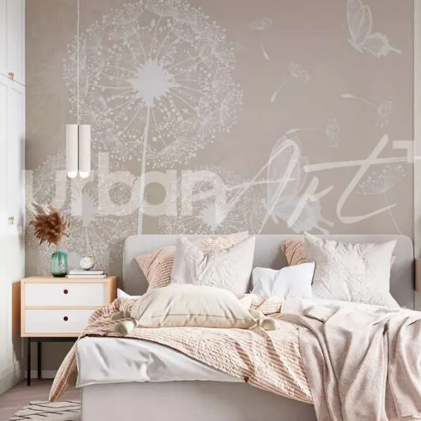 Papier peint Un pissenlit blanc avec des papillons qui volent