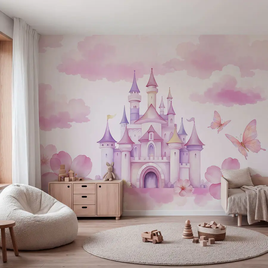 Papier peint Château rose et papillons — mise en situation dans une chambre d’enfant