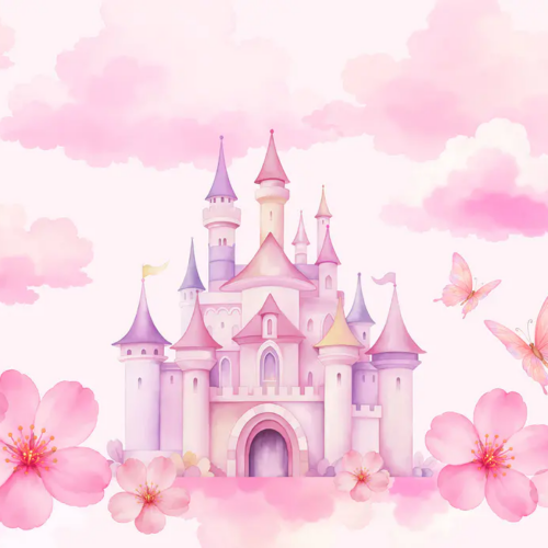 Papier peint Château rose et papillons — visuel à plat pour personnalisation