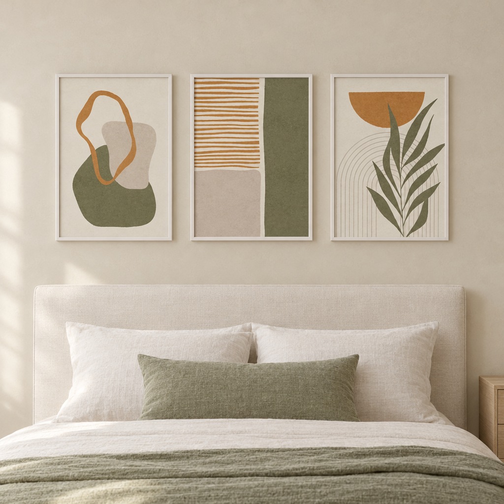 Sauge & Ocre – Chambre, cadre blanc Set de trois posters Sauge & Ocre : chambre, cadre blanc, abstraction et feuillage vert sauge, beige et ocre.