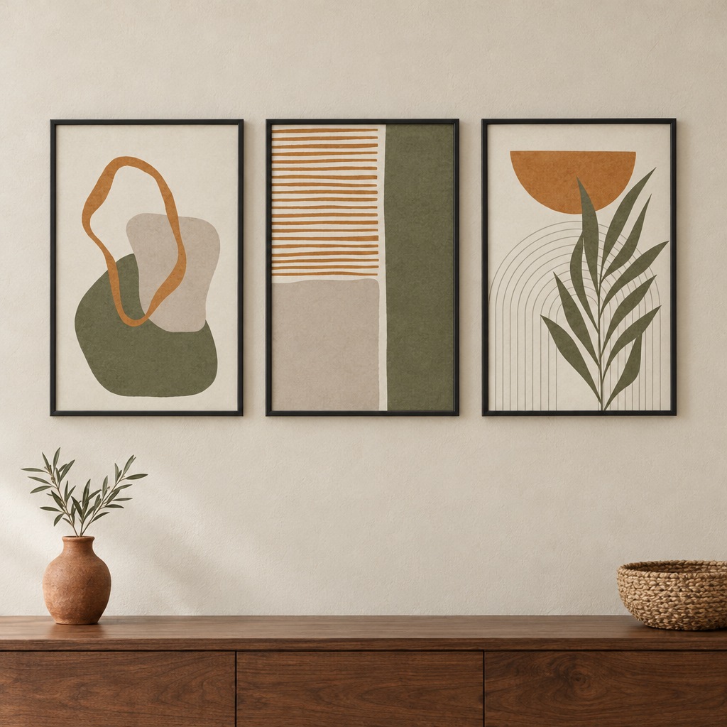 Sauge & Ocre – Entrée, cadre noir Set de trois posters Sauge & Ocre : entrée, cadre noir, abstraction et feuillage vert sauge, beige et ocre.