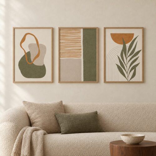 Set de trois posters Sauge & Ocre : salon, cadre bois, abstraction et feuillage vert sauge, beige et ocre.