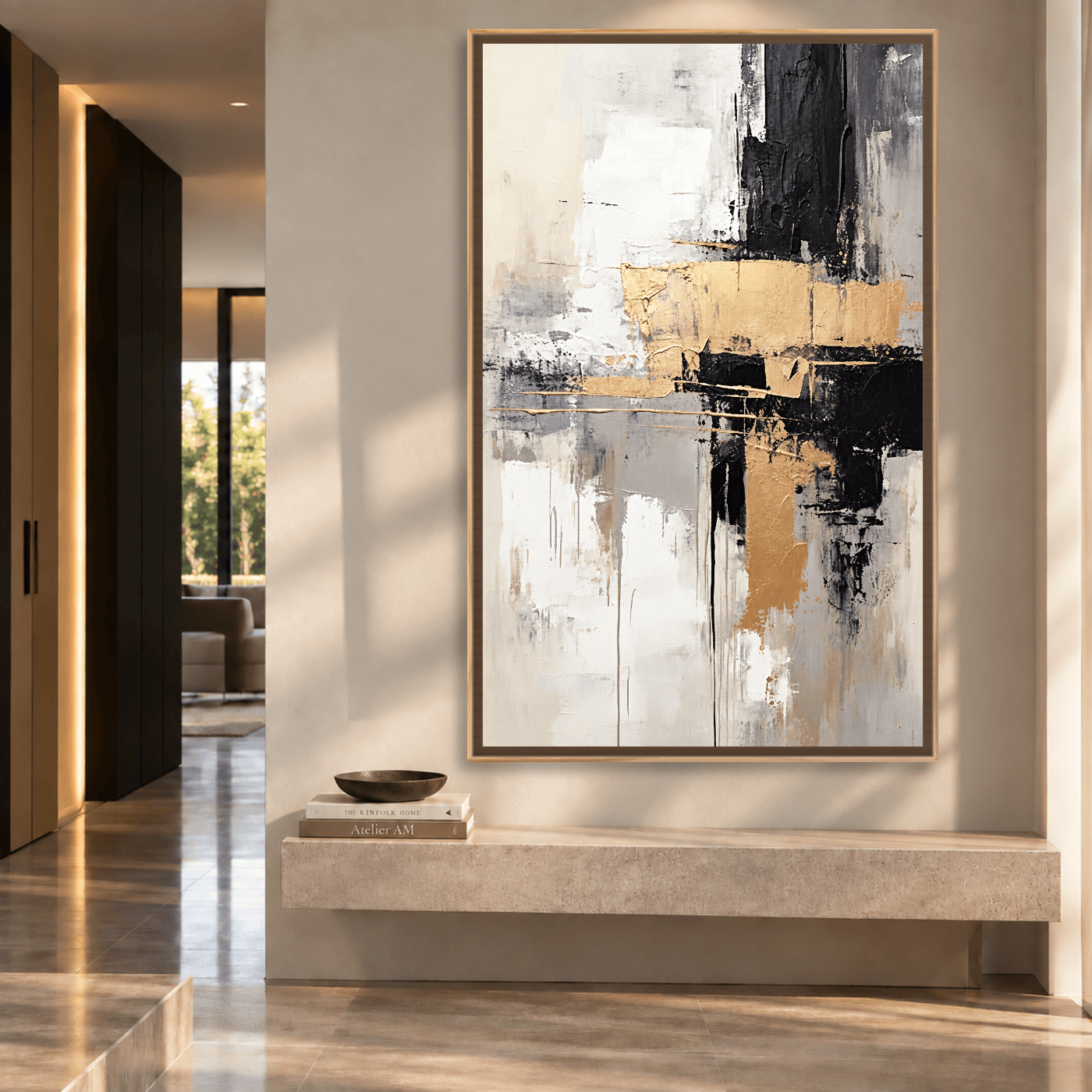 Tableau Abstrait beige, blanc, noir et or Variation 210012 Mockup