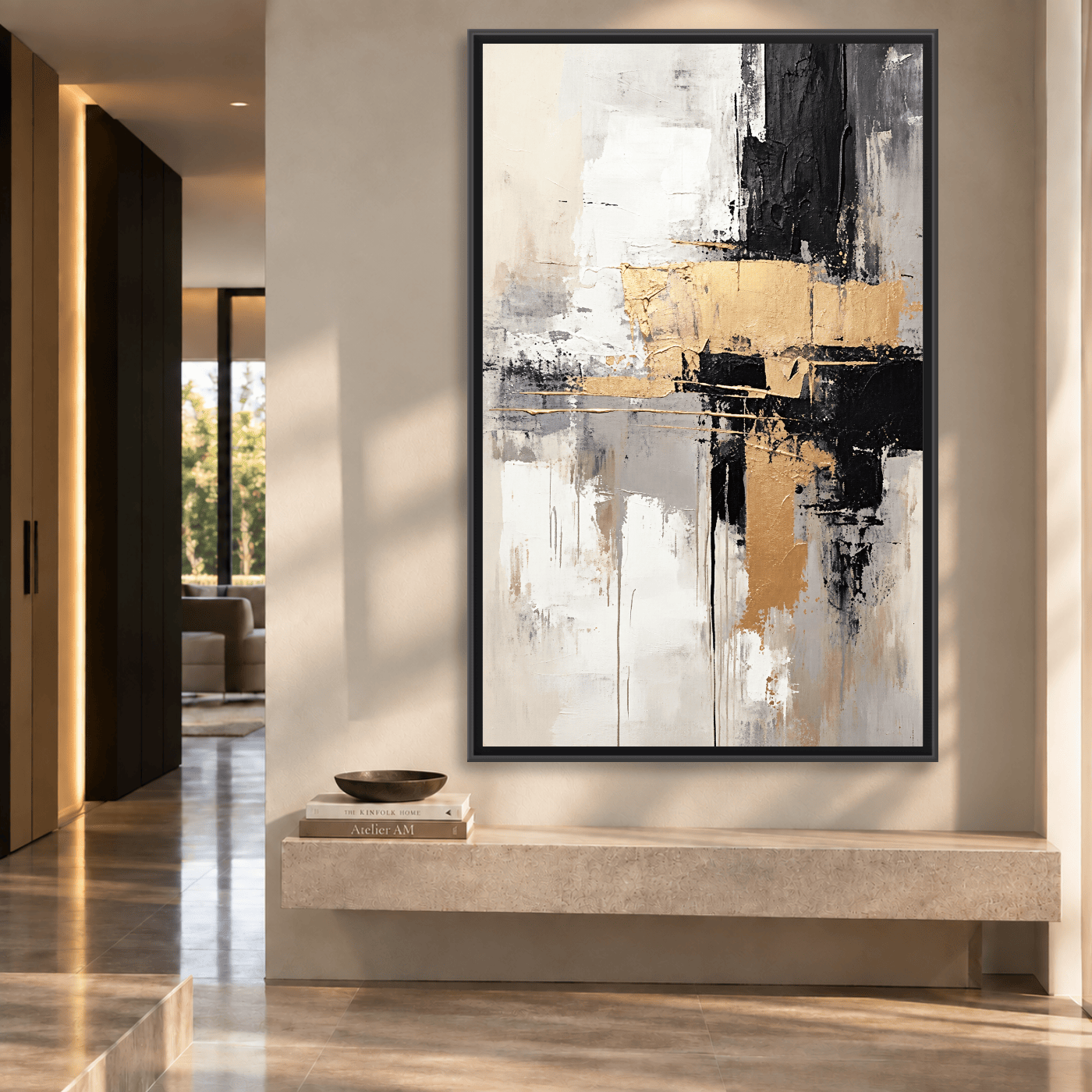 Tableau Abstrait beige, blanc, noir et or Variation 210013 Mockup
