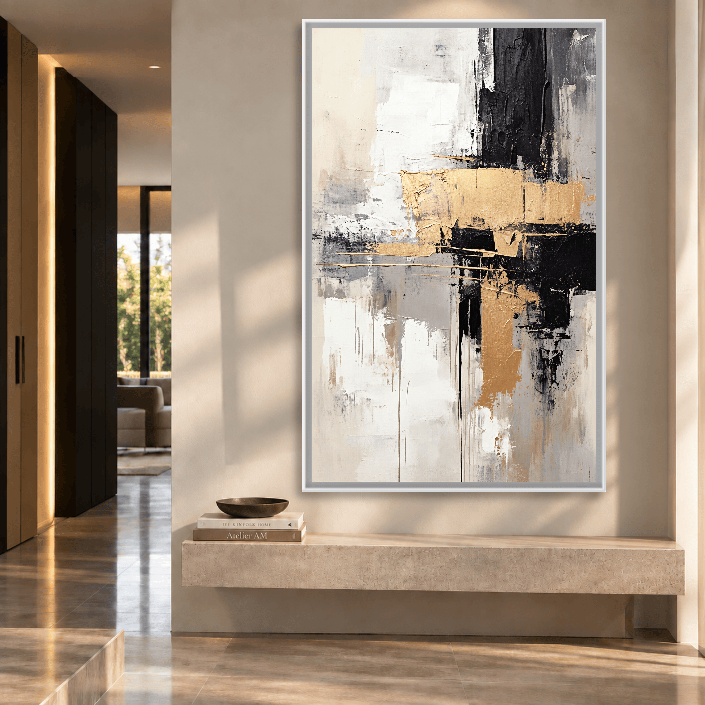 Tableau Abstrait beige, blanc, noir et or Variation 210014 Mockup