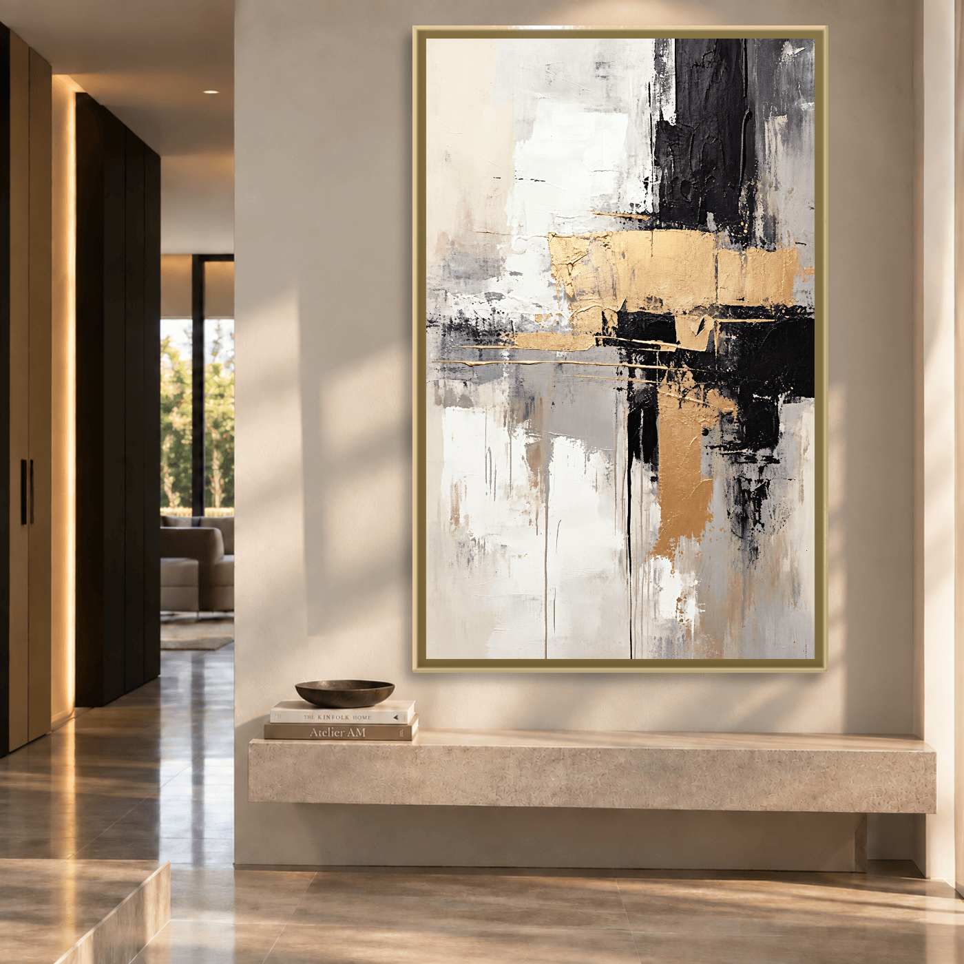 Tableau Abstrait beige, blanc, noir et or Variation 210015 Mockup