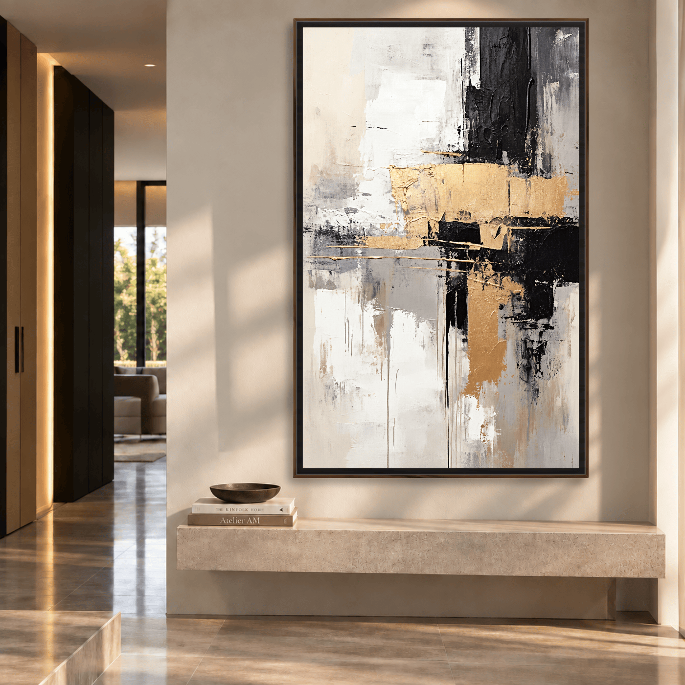 Tableau Abstrait beige, blanc, noir et or Variation 213945 Mockup