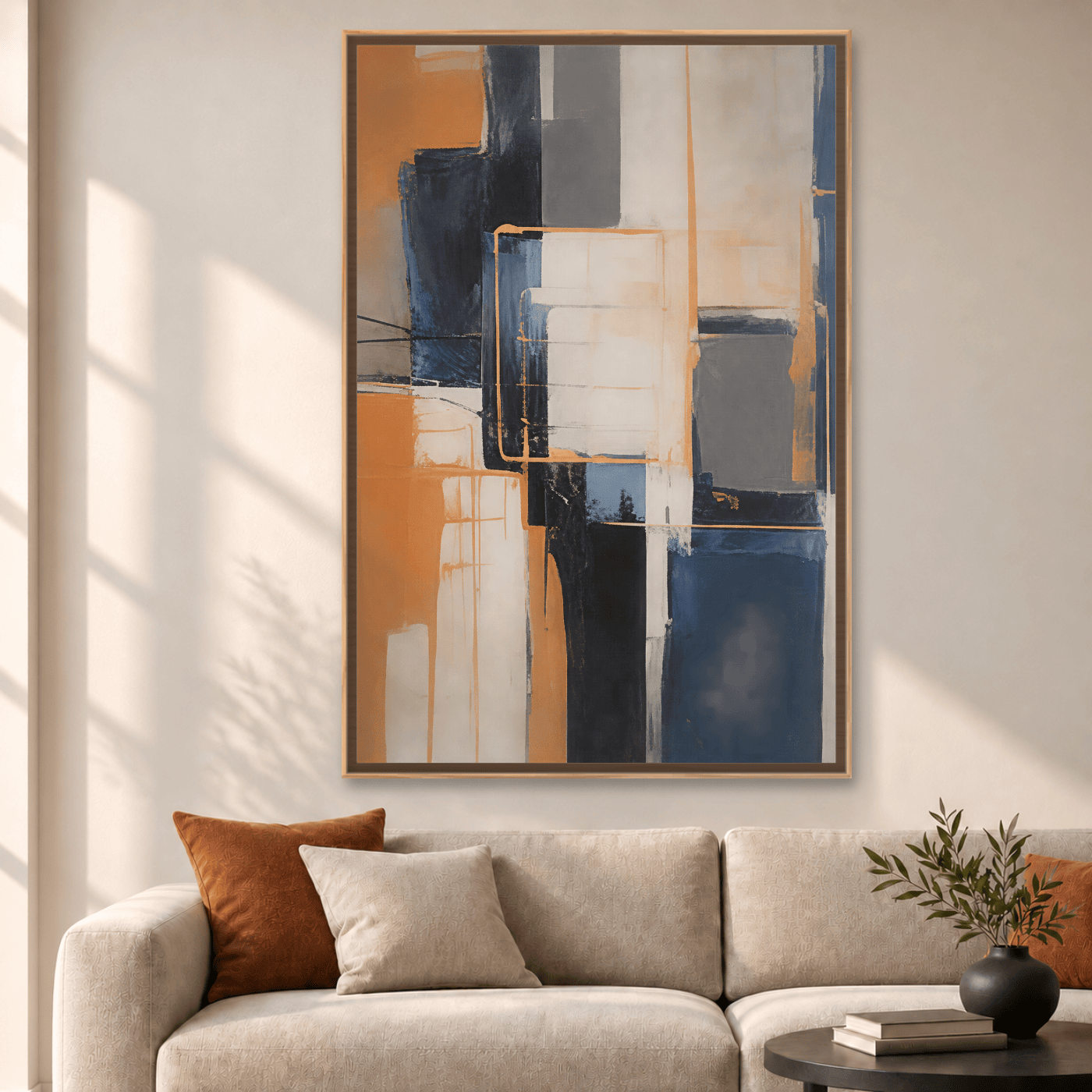 Tableau abstrait blanc orange et bleu marine Variation 210144 Mockup