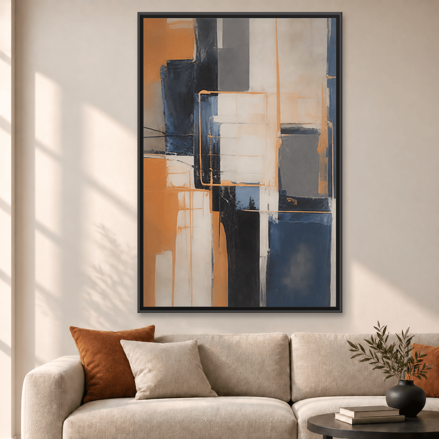 Tableau abstrait blanc orange et bleu marine Variation 210145 Mockup
