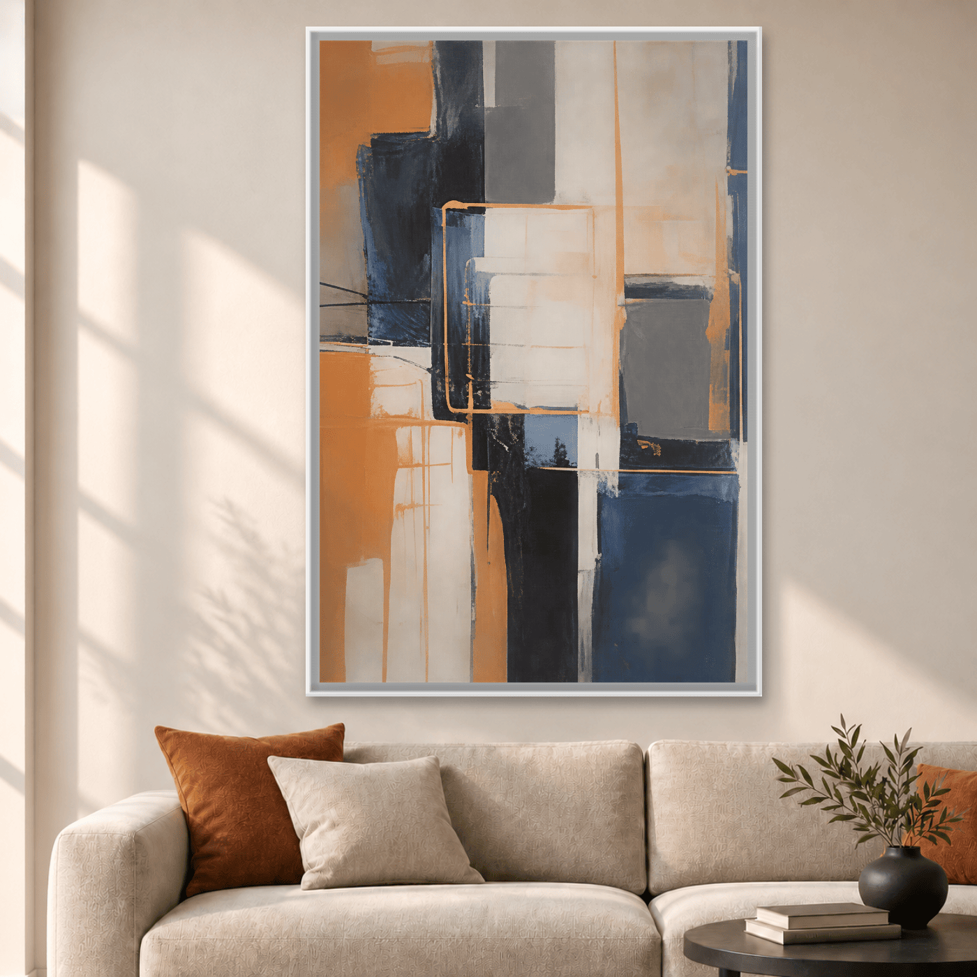 Tableau abstrait blanc orange et bleu marine Variation 210146 Mockup
