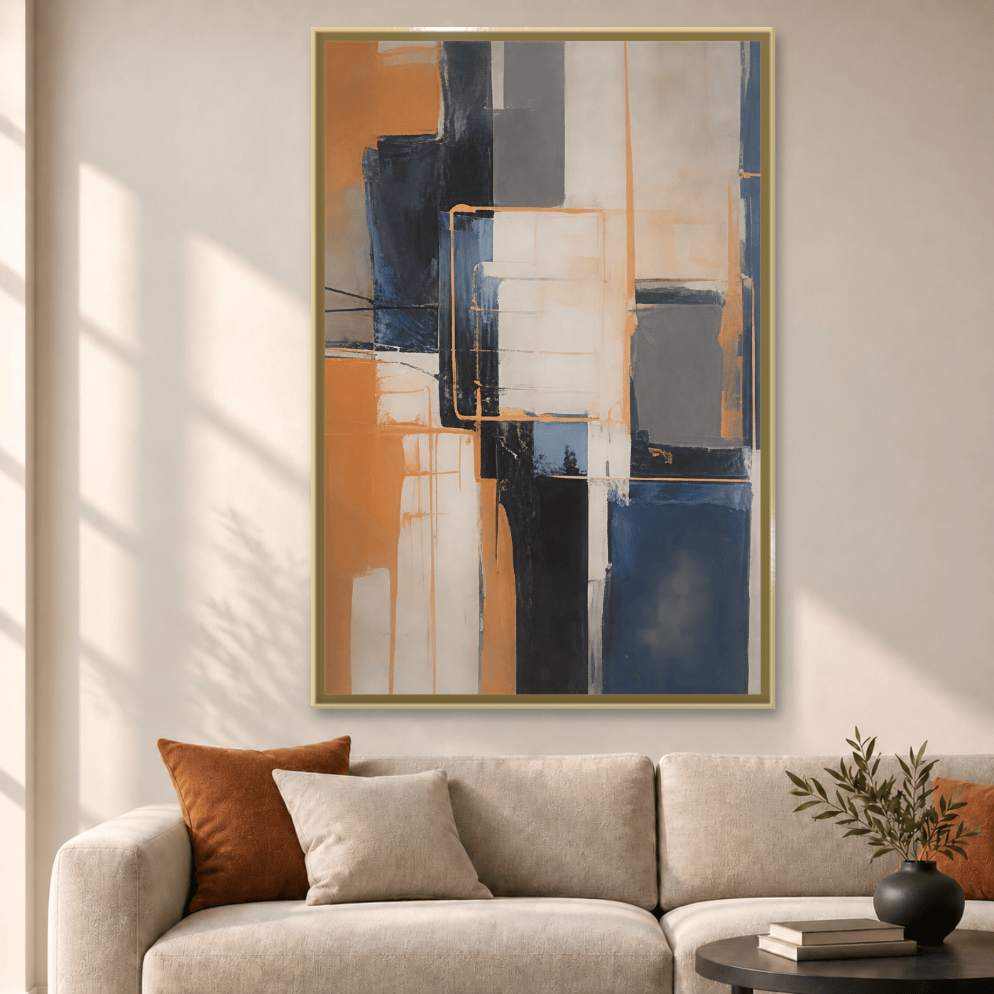 Tableau abstrait blanc orange et bleu marine Variation 210147 Mockup
