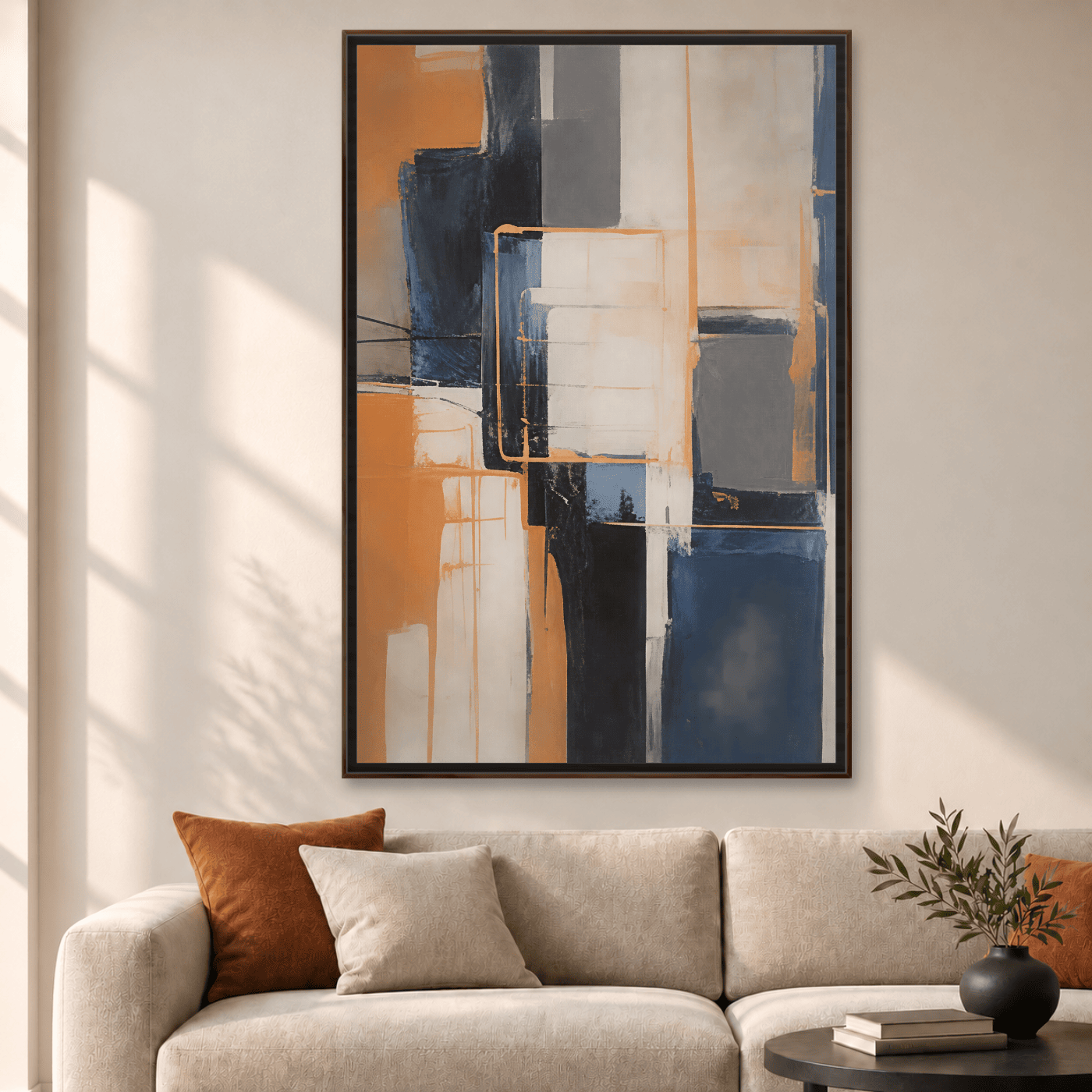 Tableau abstrait blanc orange et bleu marine Variation 213981 Mockup