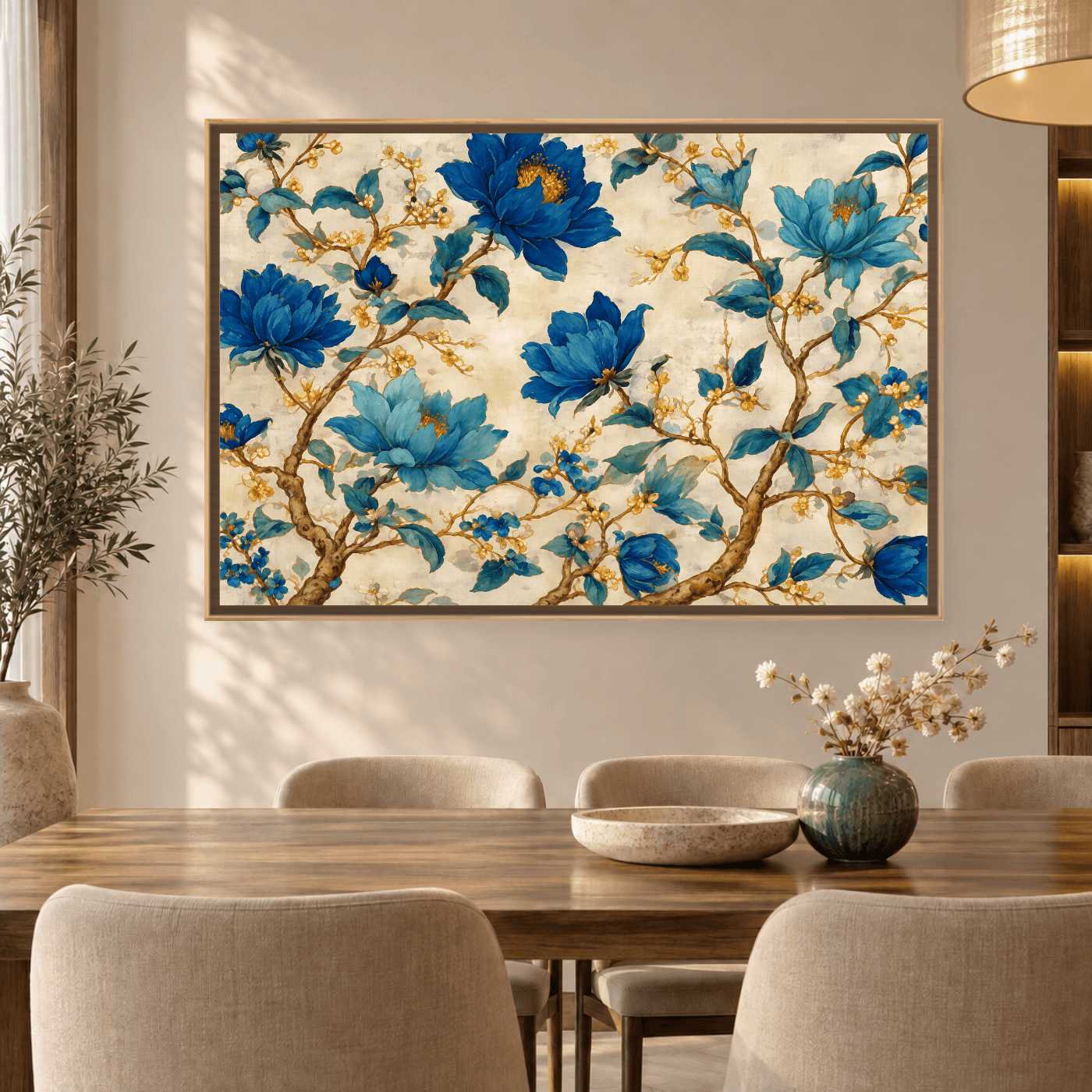 Tableau Nature Fleurs bleues et dorées Variation 139522 Mockup