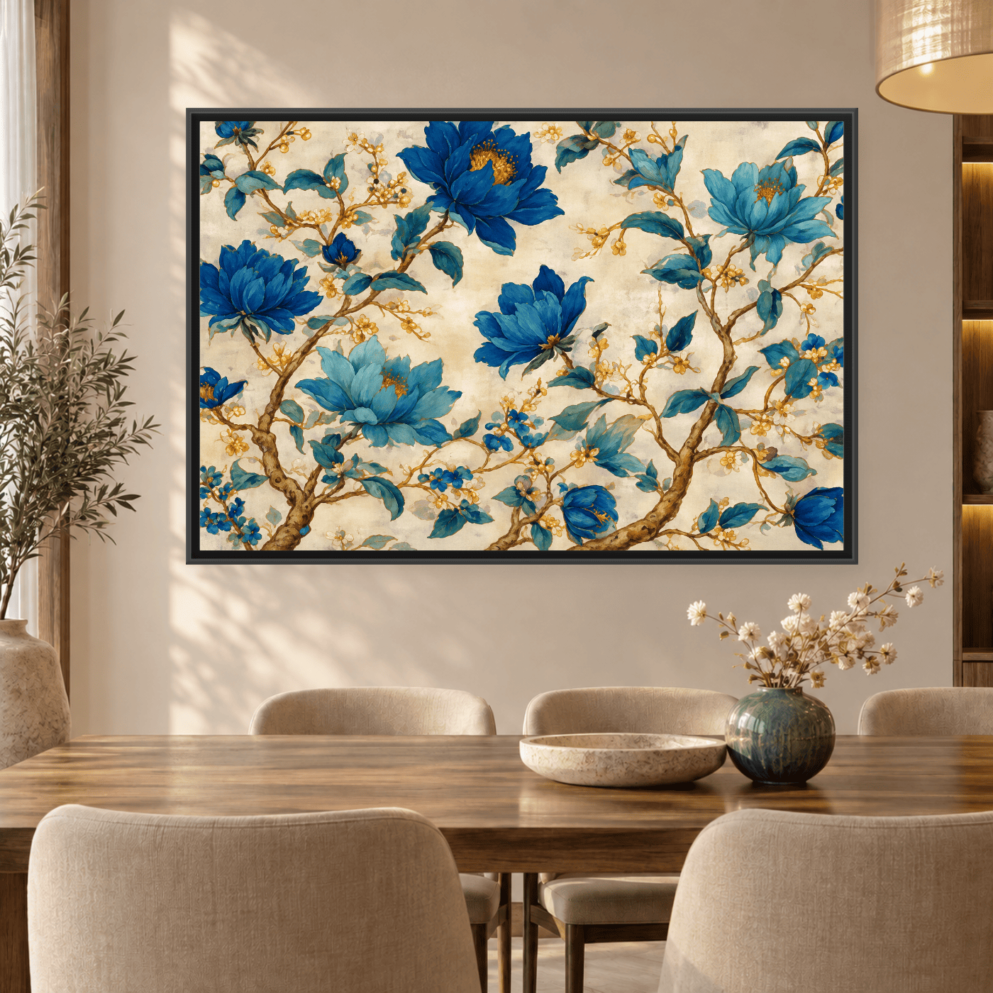 Tableau Nature Fleurs bleues et dorées Variation 139823 Mockup